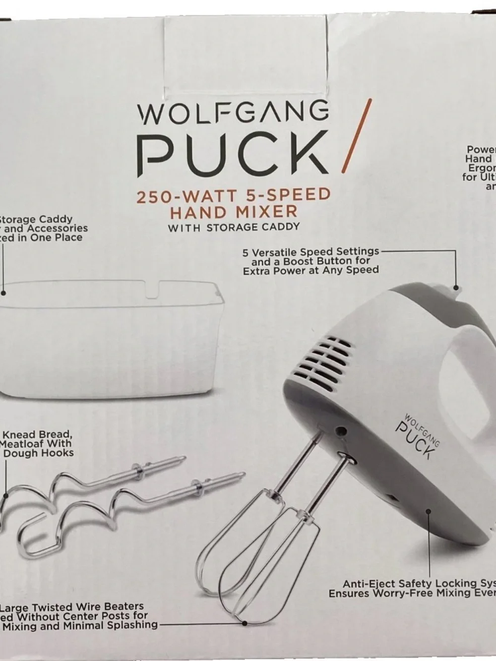 Wolfgang Puck 250W 5-Speed Hand Mixer Set w/ Storage Caddy, Beaters, Hooks